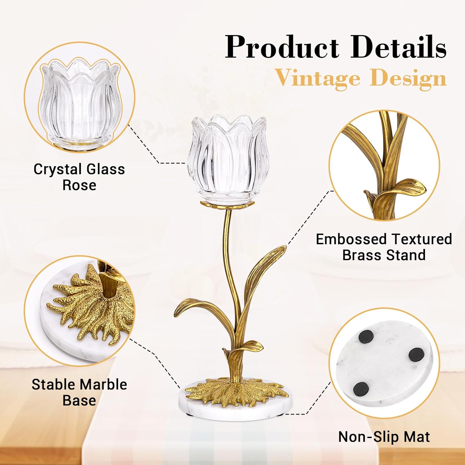 Candle Holder, Cut Rose Shaped Brass Candle Holder High-end Light Luxury Creative Art Crystal Glass Flower Candle Sticks Holder Decor Marble Disc Base Romantic Ambiance Table Decoration