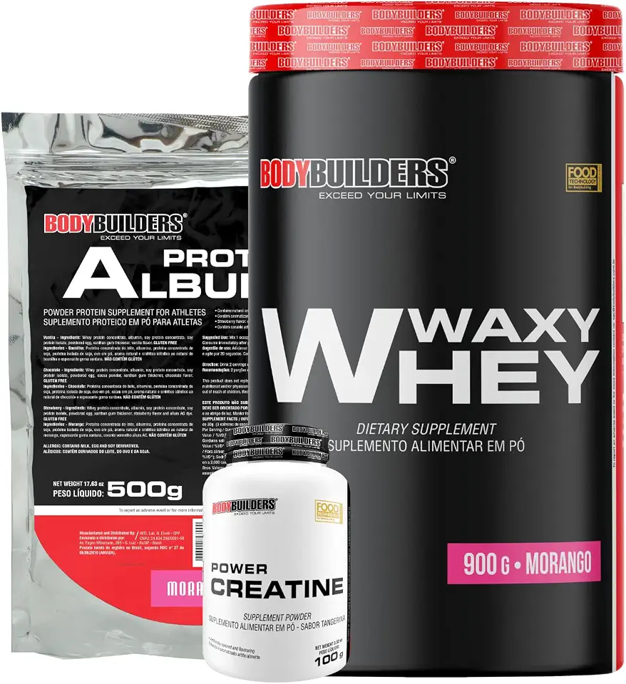 Kit Waxy Whey Morango 900g + Power Creatina 100g + Albumin 500g - Bodybuilders