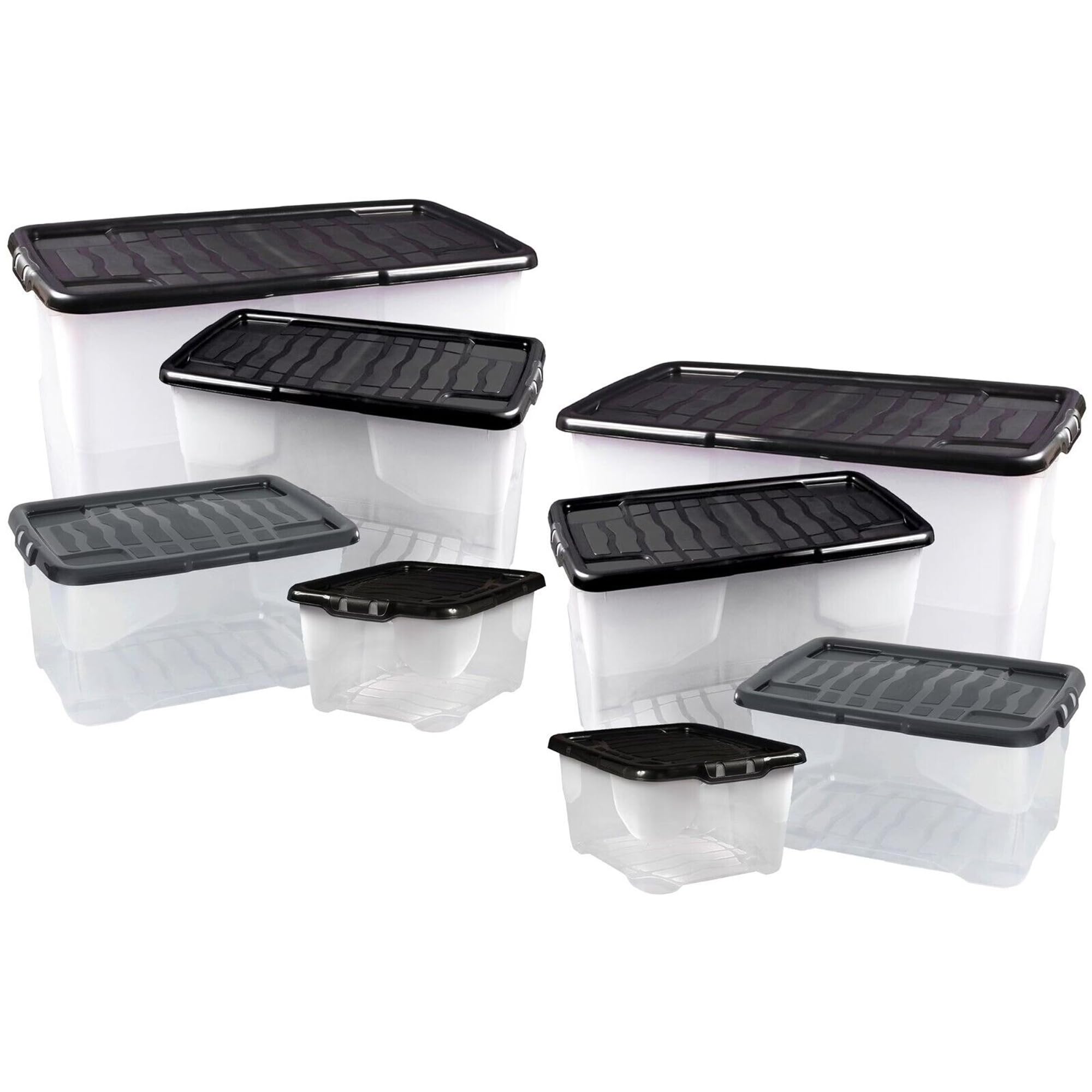 Pluto PackagingClear Transparent Base Stackable Nestable Home Office Schools Curve Plastic Storage Containers With Black Lids (1, 10 Litre)