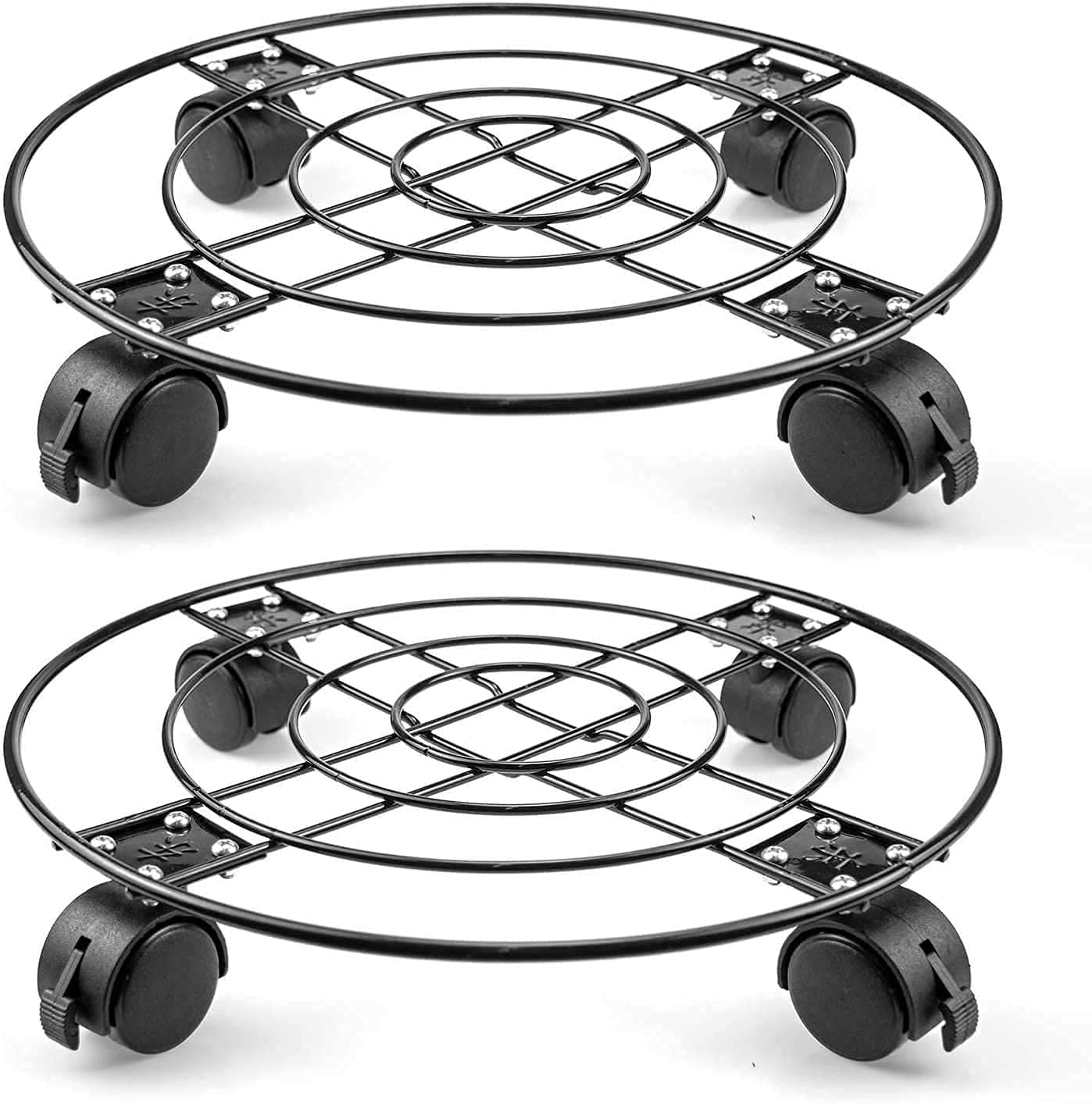 Portavaso Rotondo Con Ruote 33 Cm E Freno - Sottovaso In Metallo Per Piante, Confezione Da 2