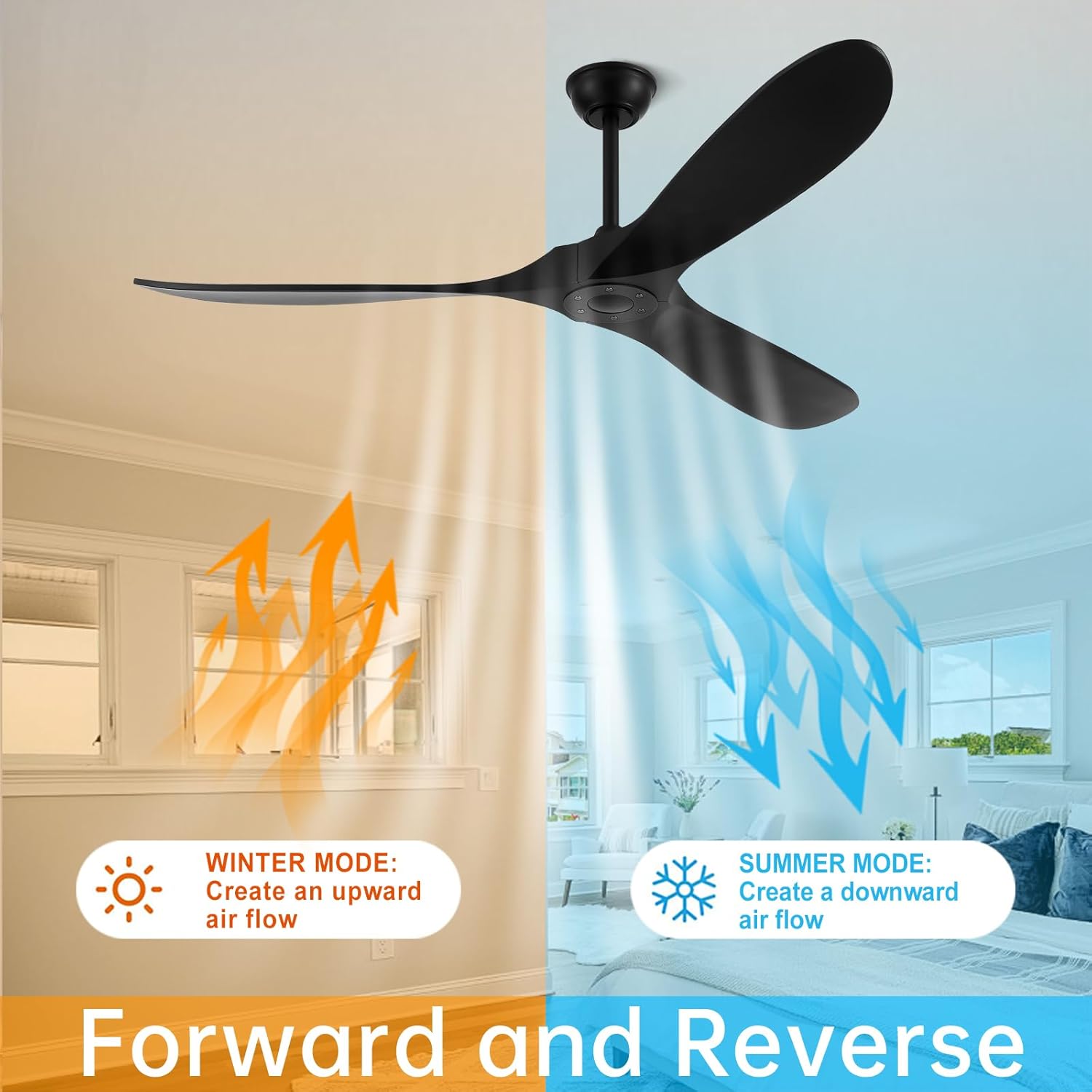 52'' Outdoor Ceiling Fan without Light,Large Airflow with 3 Solid Wood Blades,Black Ceiling Fan with DC Reversible and Silent Motor for Porch,Living Room,Garage.