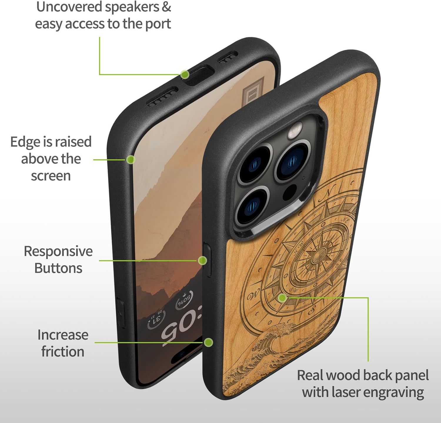 Carveit Magnetic Wooden Case for iPhone 15 Pro Case, Compatible with MagSafe Wireless Chargers, Black Soft TPU Shockproof Cover & Wood Artisan Engraved (Wave Compass) - Cherry