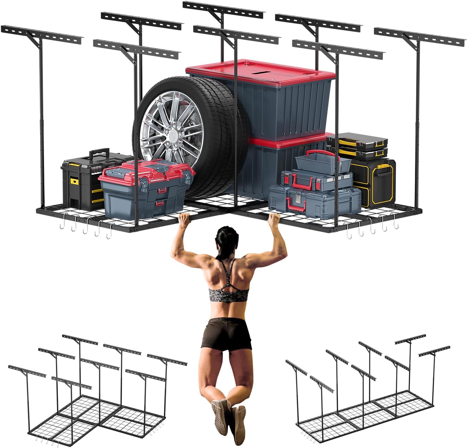 Besiost 32 Inches L Shaped Overhead Storage Rack, Height Adjustable Garage Storage Organization System, Heavy Duty Reversible Garage Ceiling Storage Rack for Garage, Warehouse, Load 700LBS