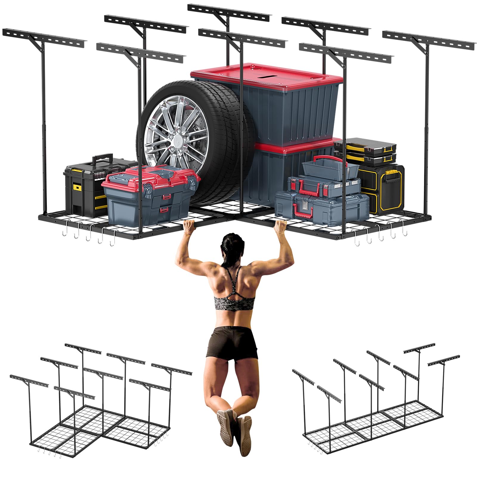 Besiost 32 Inches L Shaped Overhead Storage Rack, Height Adjustable Garage Storage Organization System, Heavy Duty Reversible Garage Ceiling Storage Rack for Garage, Warehouse, Load 700LBS