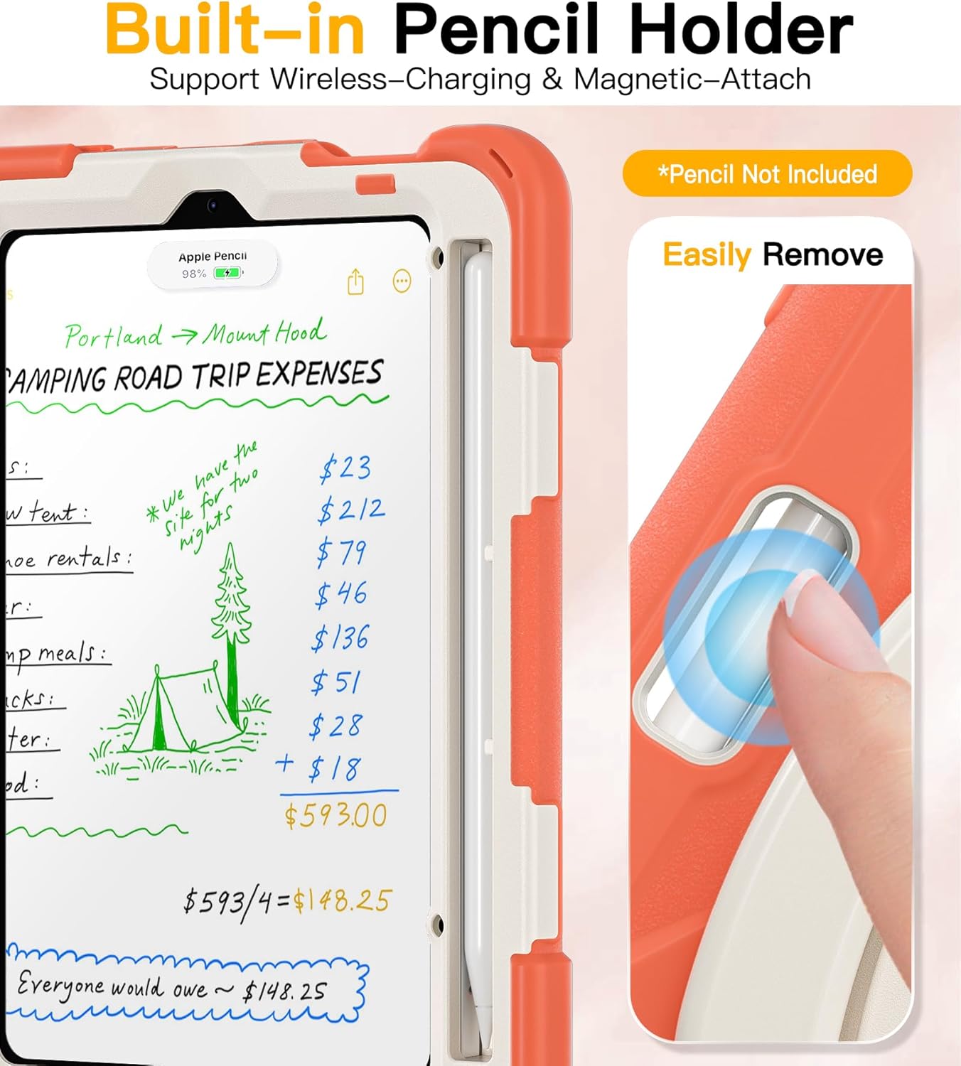 BRAECN for iPad mini 7 Case A17 Pro & iPad mini 6 Case 8.3”, Protective Case with Screen Protector [Supports Pencil Charging], Built-in Pencil Holder, Kickstand, Handle Grip & Shoulder Strap, Orange