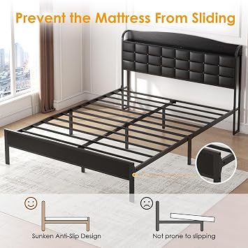 WOWTRELAX Double Bed Frame with Charging Headboard Storage Shelf 135x190cm