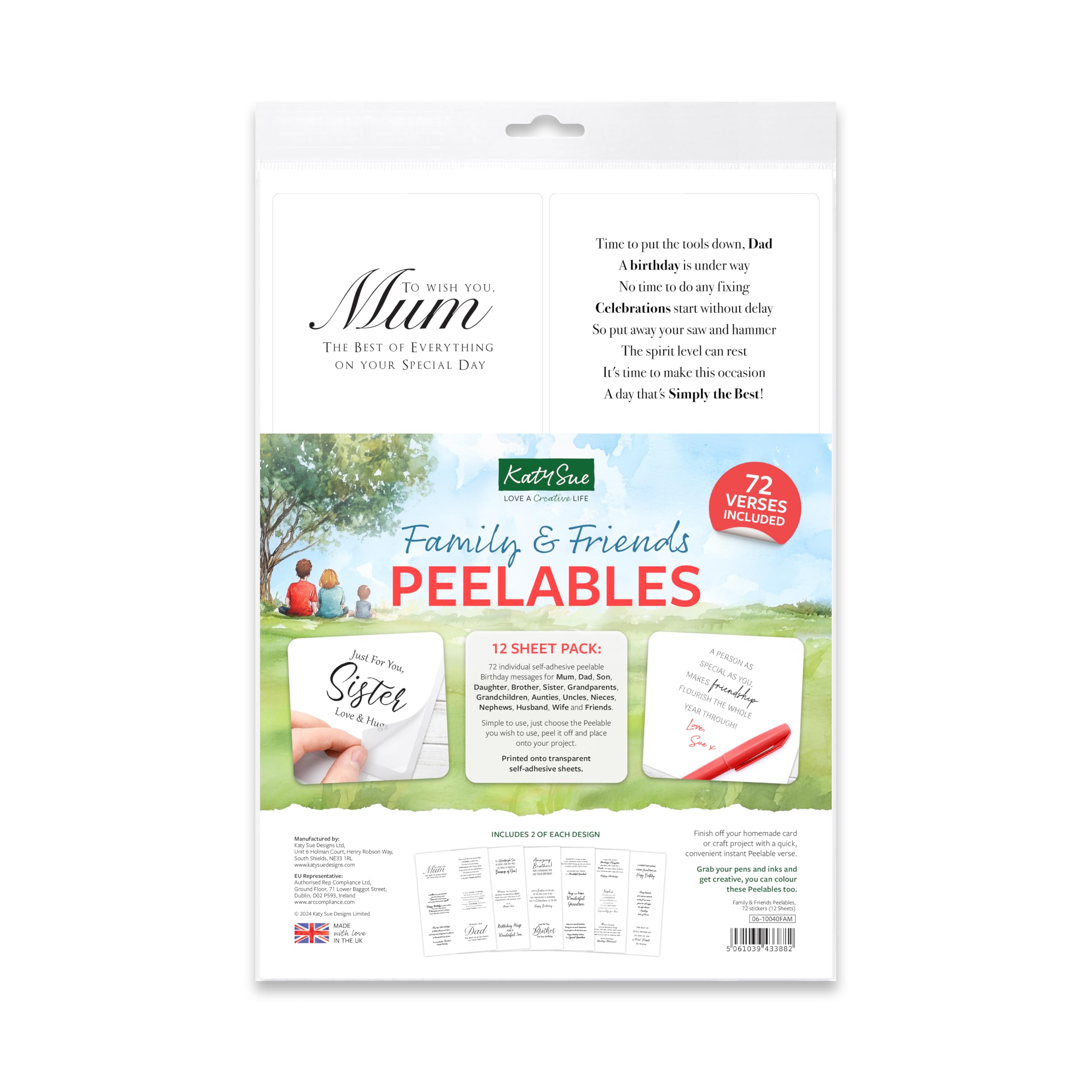 Katy Sue Family & Friends Peelables Stickers for Card Making. 72 Peelable Verses or Peel Offs for Birthday Card Making Supplies from Katy Sue. Sticker Size 99 x 93 Millimetres or 4 x 3.7 Inches