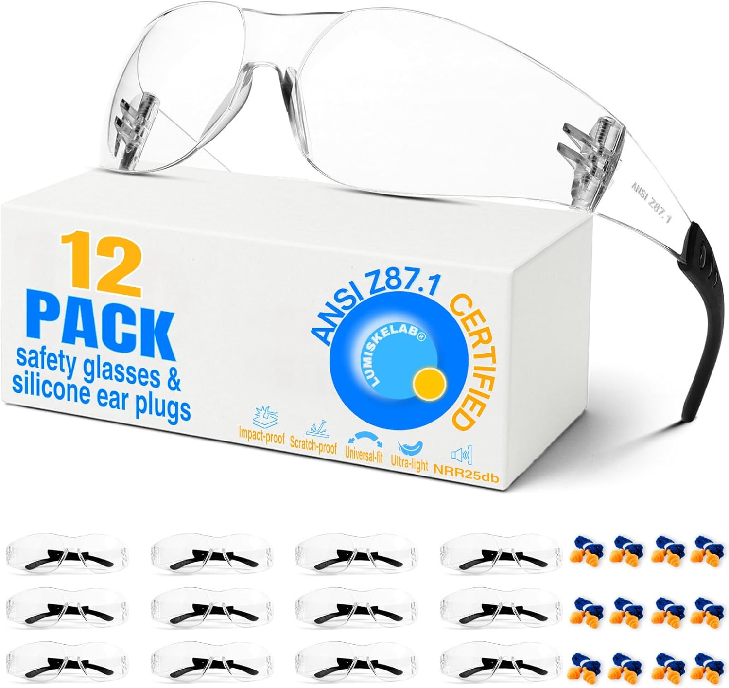 Clear Safety Glasses 30 Pack for Men & Women – ANSI Z87.1 Certified,30 Silicone Earplugs (NRR 25dB) – Impact Resistant Eyewear for DIY, Construction, Shooting, Labs, Lawn Mowing, Woodworking