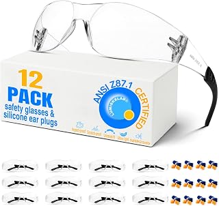 Clear Safety Glasses 12 Pack for Men & Women – ANSI Z87.1 Certified,12 Silicone Earplugs (NRR 25dB) – Impact Resistant Eyewear for DIY, Construction, Shooting, Labs, Lawn Mowing, Woodworking