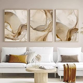 Ecyanlv Abstract Marble Canvas Wall Art Modern Abstract Art Prints Brown and Gold Marble Wall Art Abstract Pictures Wall Decor Beige Canvas Painting for Bathroom Decor 16x24inchX3 Frameless