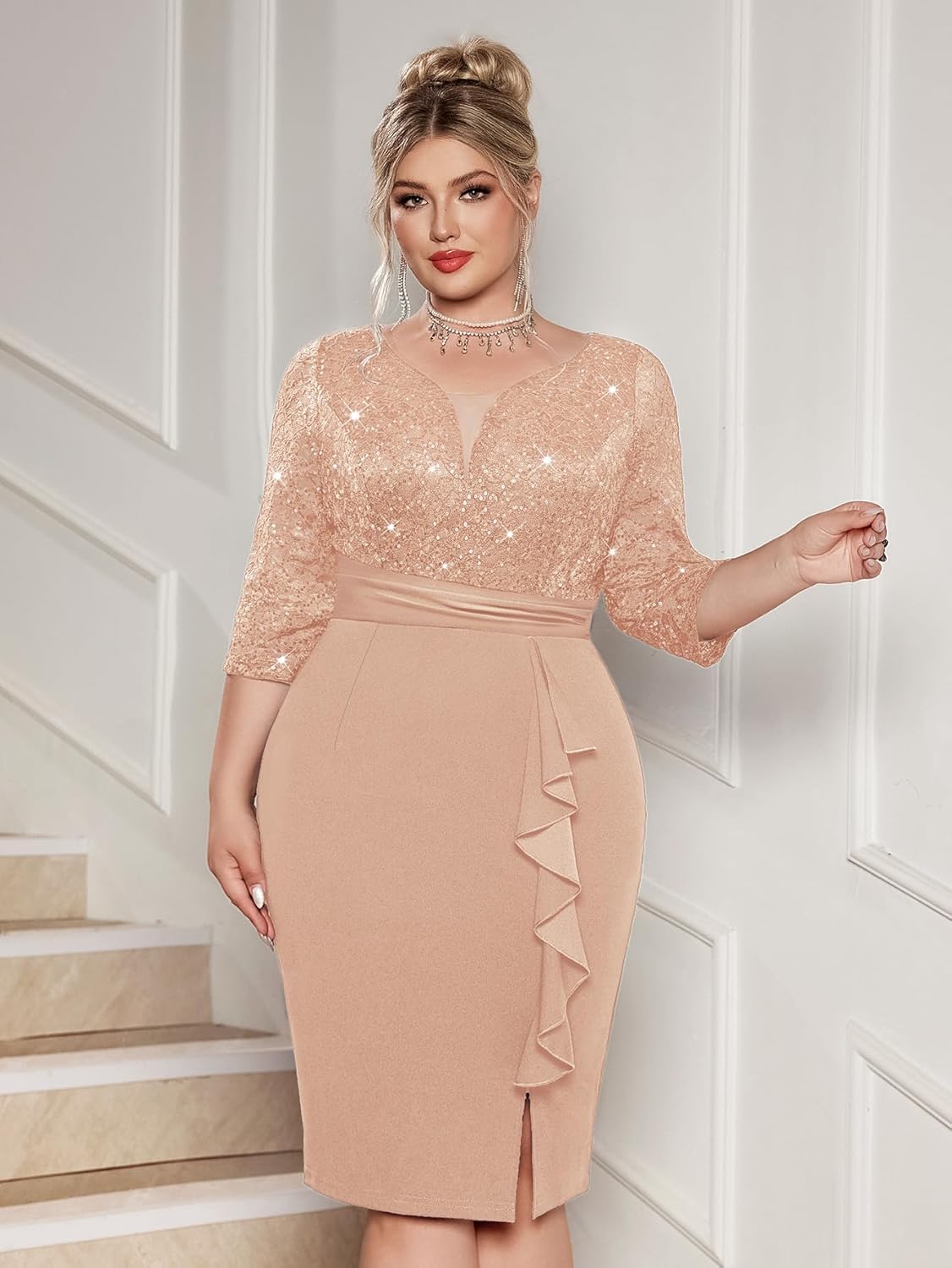 MISSMAY Women's Plus Size Sequined Lace V Neck Ruffle Split Hem Bodycon Cocktail Party Dress