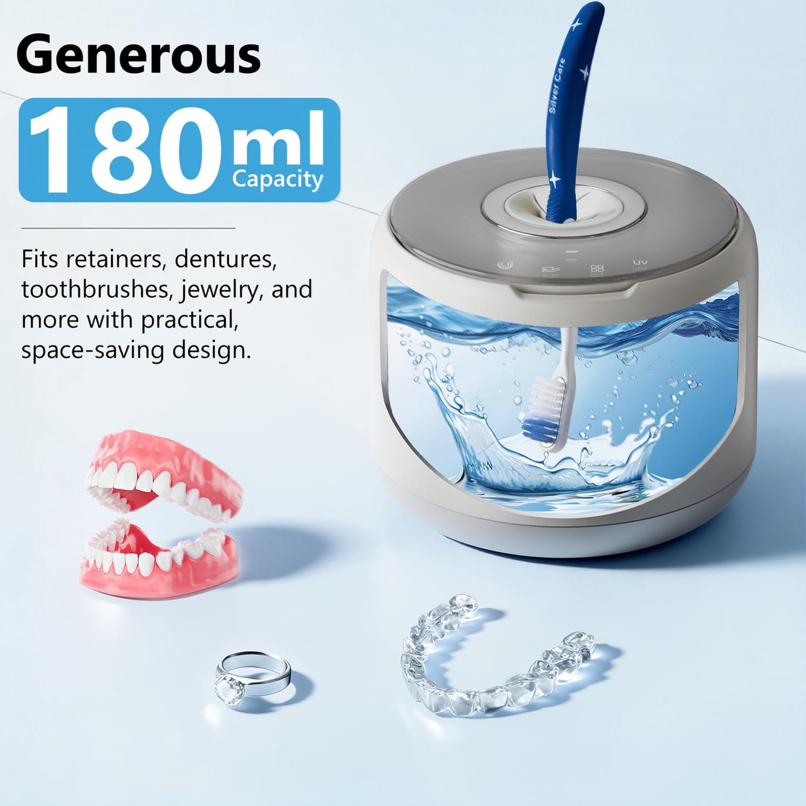 Máquina limpiadora ultrasónica recargable, 46 kHz, cápsula de limpieza dental portátil para protectores bucales nocturnos, frenos, joyas, alineador, batería de 2500 mAh para viajes y hogar