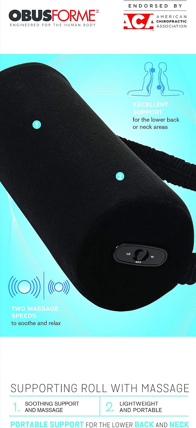 Obusforme Portable Supporting Roll with Two Speed Massage Settings|for Lower Back and Neck