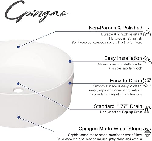 Miniatura 4 de Cpingao Fregadero redondo de baño de 15.74 pulgadas, sobre encimera de piedra mate, moderno lavabo de arte para lavabo de tocador