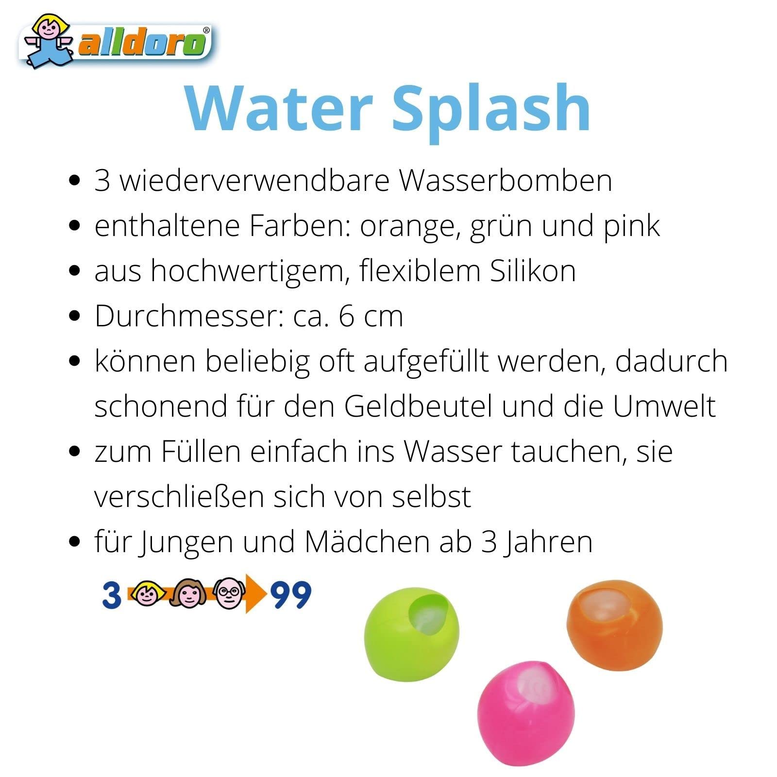 alldoro 63037 - Water Splash 3er Set Wasserbomben 6cm, Wasserballons wiederverwendbar & selbstschließend, Wasser Balloon für Garten & Strand, Kinder ab 3 Jahren & Erwachsene, Orange/Grün/Pink