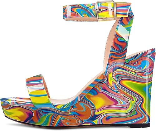 Miniatura 2 de Aachcol Sandalias de cuña con plataforma para mujer, redondas, puntera abierta, correa en el tobillo, correa de tobillo y tacón alto de dos piezas,