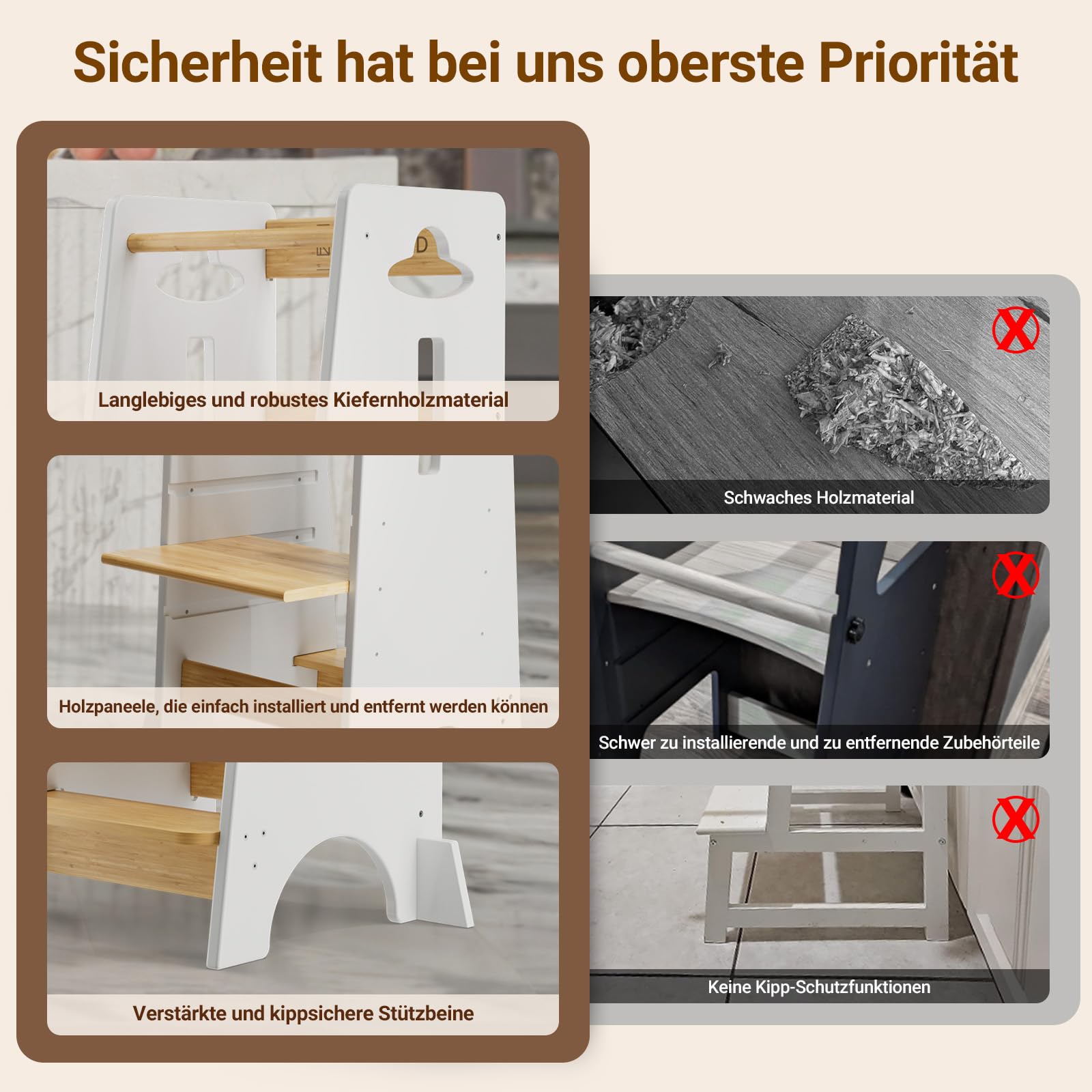 COSYLAND Lernturm ab 1 Jahr - Höhenverstellbarer Learning Tower für Kinder (3-stufig) - Montessori mit Kippschutz & Massivholz (Weiß und Holz)