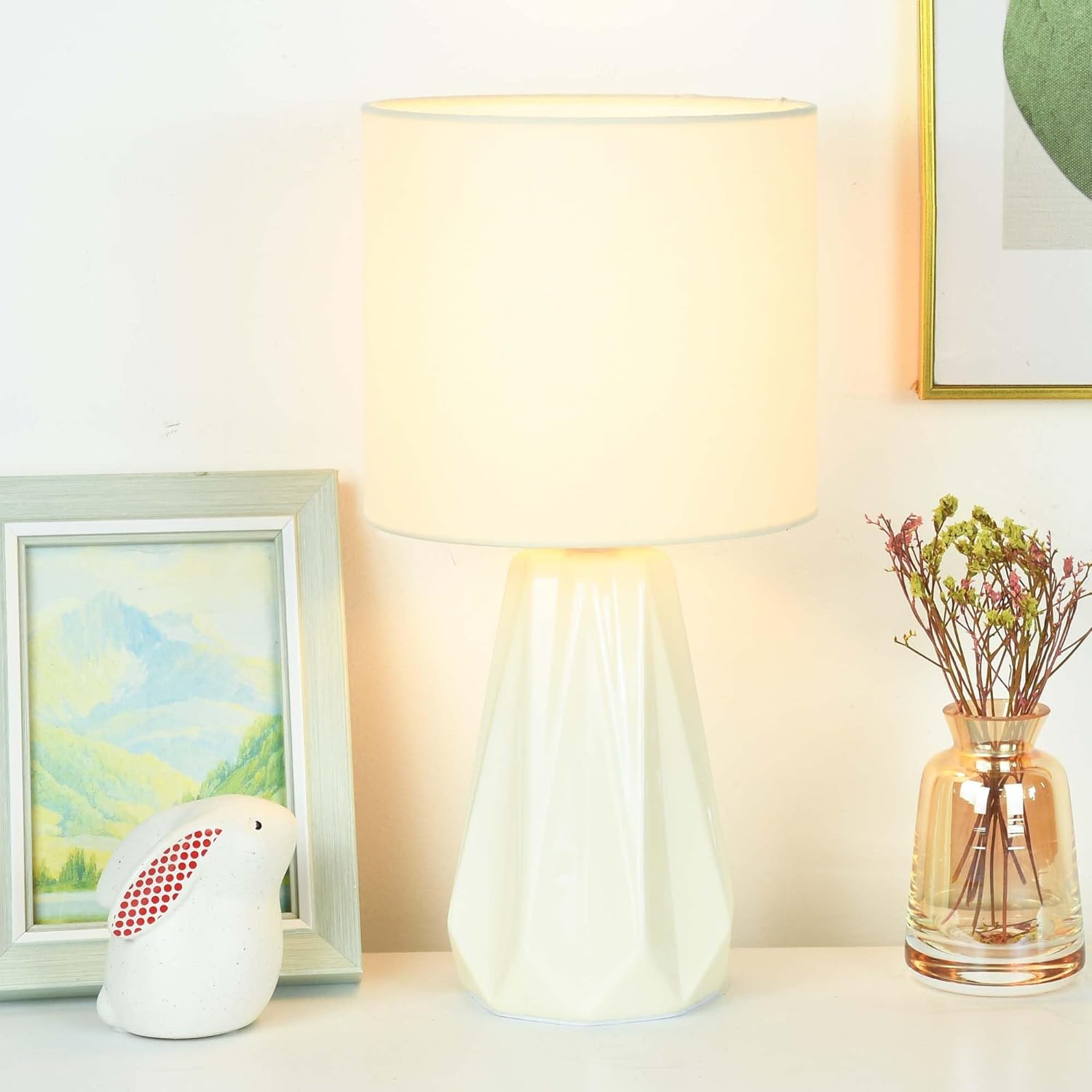 Lampwell Elisa Cream Small Table Lamp for Living Room as Bedside Table Lamp for Bedroom,Modern Ceramic Kids Night Table Lamp,Φ6.1×H12.4IN,Bulb Excluded