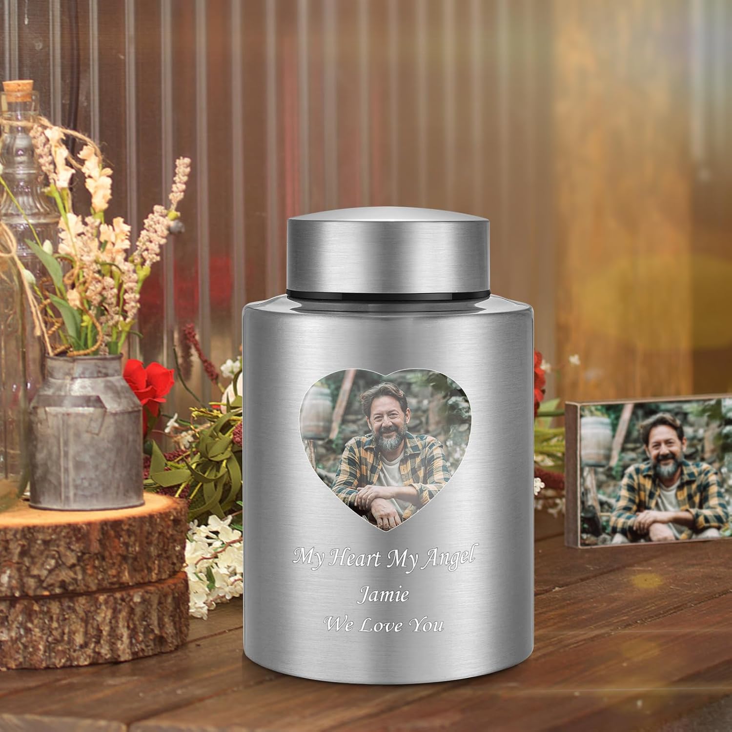 Photo Custom Cremation Urns for Human Ashes, Personalized Funeral Urn Stainless Steel Memorial Urns, 5.9 Inches Medium Decorative Keepsake for Human Ashes - Silver