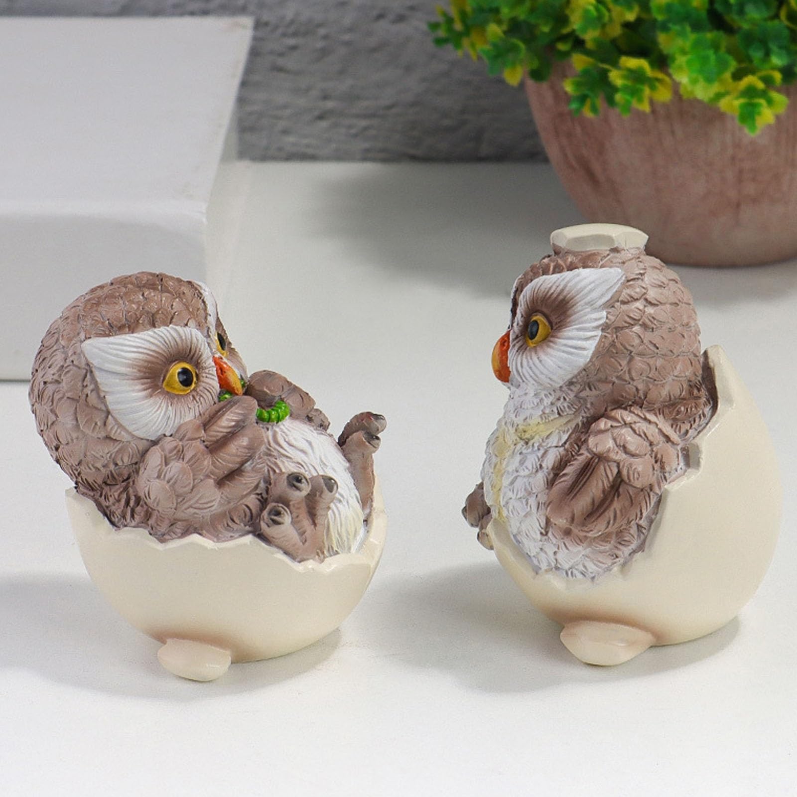 2 Piezas en estatuilla acostada, decoración de Escritorio de cáscara de Huevo, búhos de Resina Pintados a Mano en Miniatura, Lindo Adorno de búho de cáscara de Huevo, para Sala de Estar y Oficina