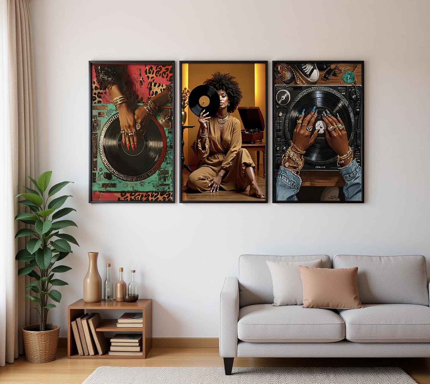 3 Pcs Fashion Black Woman Wall Art Trendy Abstract Black Girl Canvas Poster Prints Pictures Paintings with Record Player Music Theme for Living Room Bedroom Wall Decor Unframed