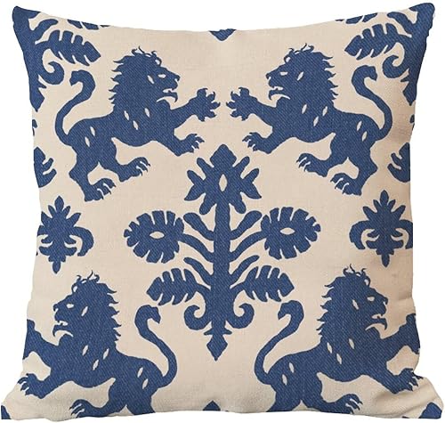Miniatura 6 de Funda de almohada europea de león regalia azul marino y beige con estampado de animales chinoiserie, funda de cojín asiática de 18 x 18 pulgadas,