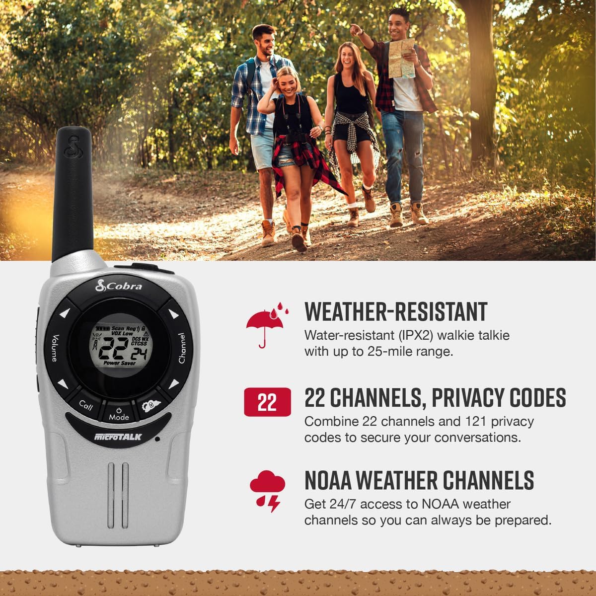 Cobra ACXT360 Walkie Talkie highlighting weather resistance, 22 channels, and NOAA weather channels.