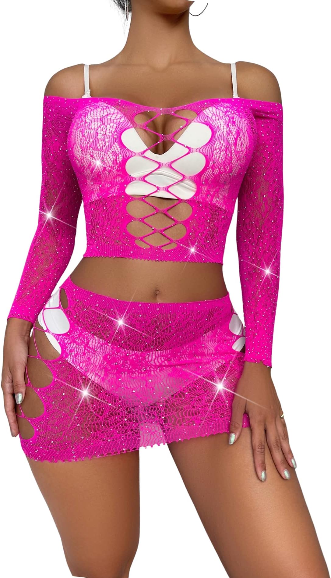 Women's Mesh Cut-Out Rhinestone Studded Fishnet Bardot Lingerie Set Tube Top with Skirt Sparkly Hollow-Out Club Wear Party Dress Bodysuits Costume Set