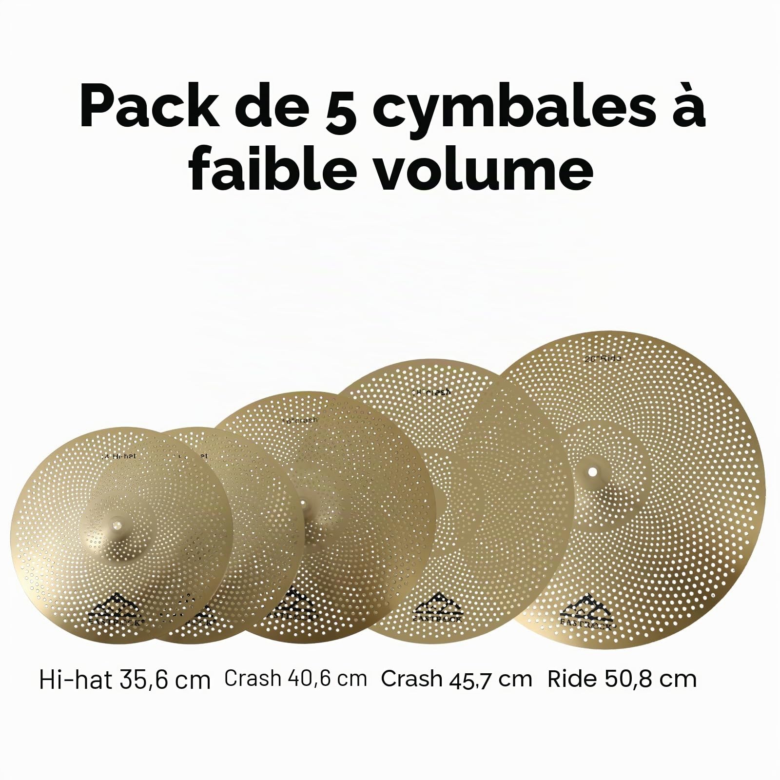 EASTROCK Ensemble de Cymbales à Faible Volume - Ensemble de 5 Pièces, Charleston 14 Pouces + Cymbales Crash 16 Pouces et 18 Pouces + Cymbale Ride 20 Pouces avec sac pour Cymbales et Feutres (Or)