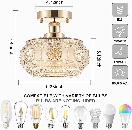 Miniatura 3 de Semi Flush Mount Ceiling Light - French Gold Finish & Amber Floral Glass Shade, Vintage Modern Lighting for Bathroom, Kitchen, Bedroom (Bulb Not