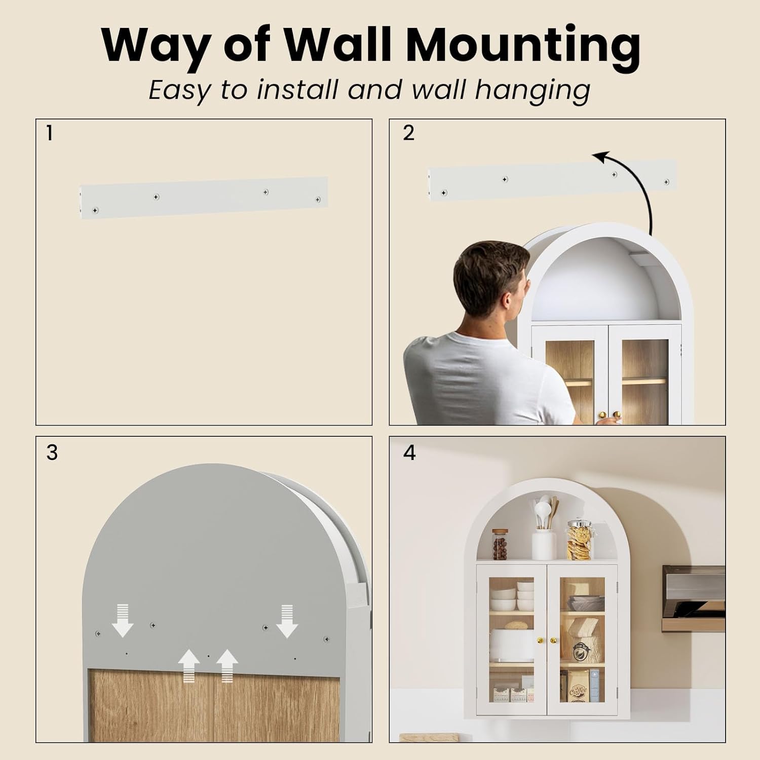 EAG Arched Wall Cabinet, Bathroom Medicine Cabinet with Glass Doors & Adjustable Shelves, Floating Storage Cabinet for Wall Over The Toilet Storage Cabinet Space Saver, White