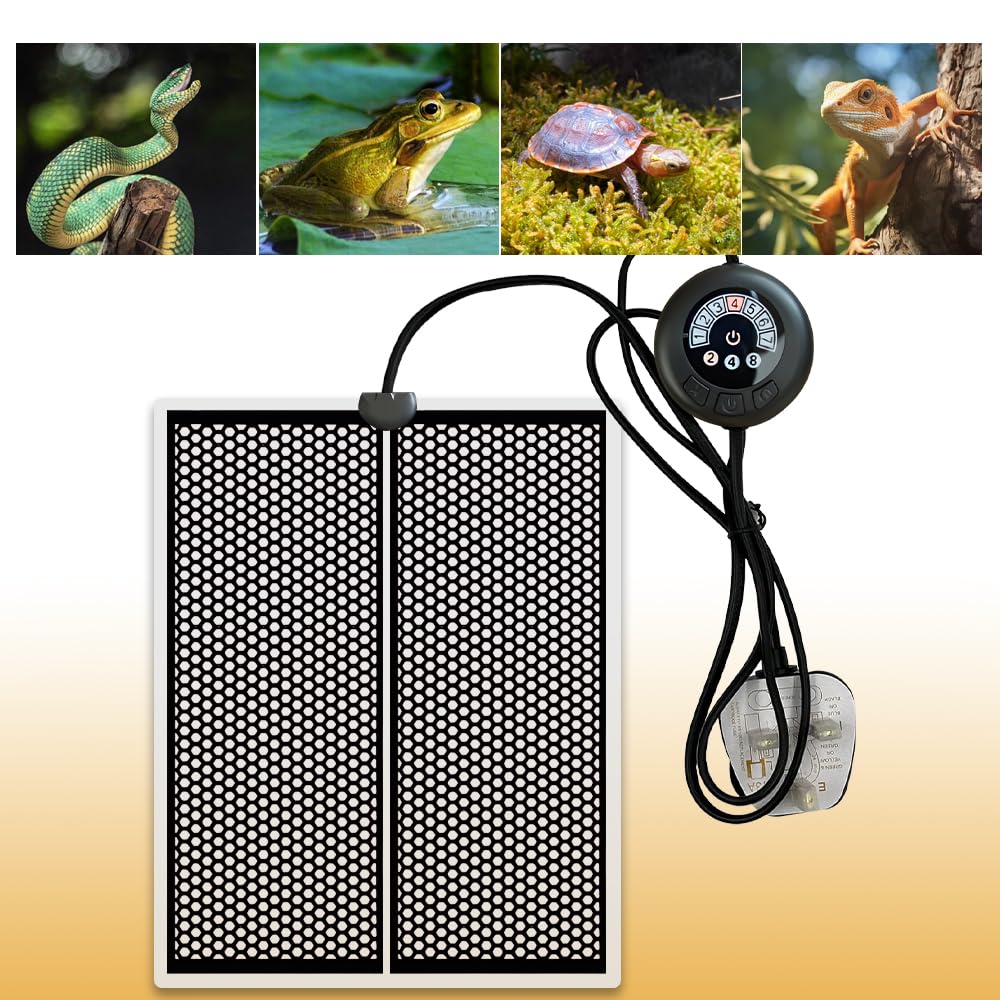 Jonuin Reptile Heat Mat, Reptile Heat Pad with 7 Button Temperature Adjustment, 3 Timer Settings, Terrarium Heat Mats for Reptiles Tortoise Snakes Lizard Gecko Hermit Crab Turtle (20W,16.5x11 inches)