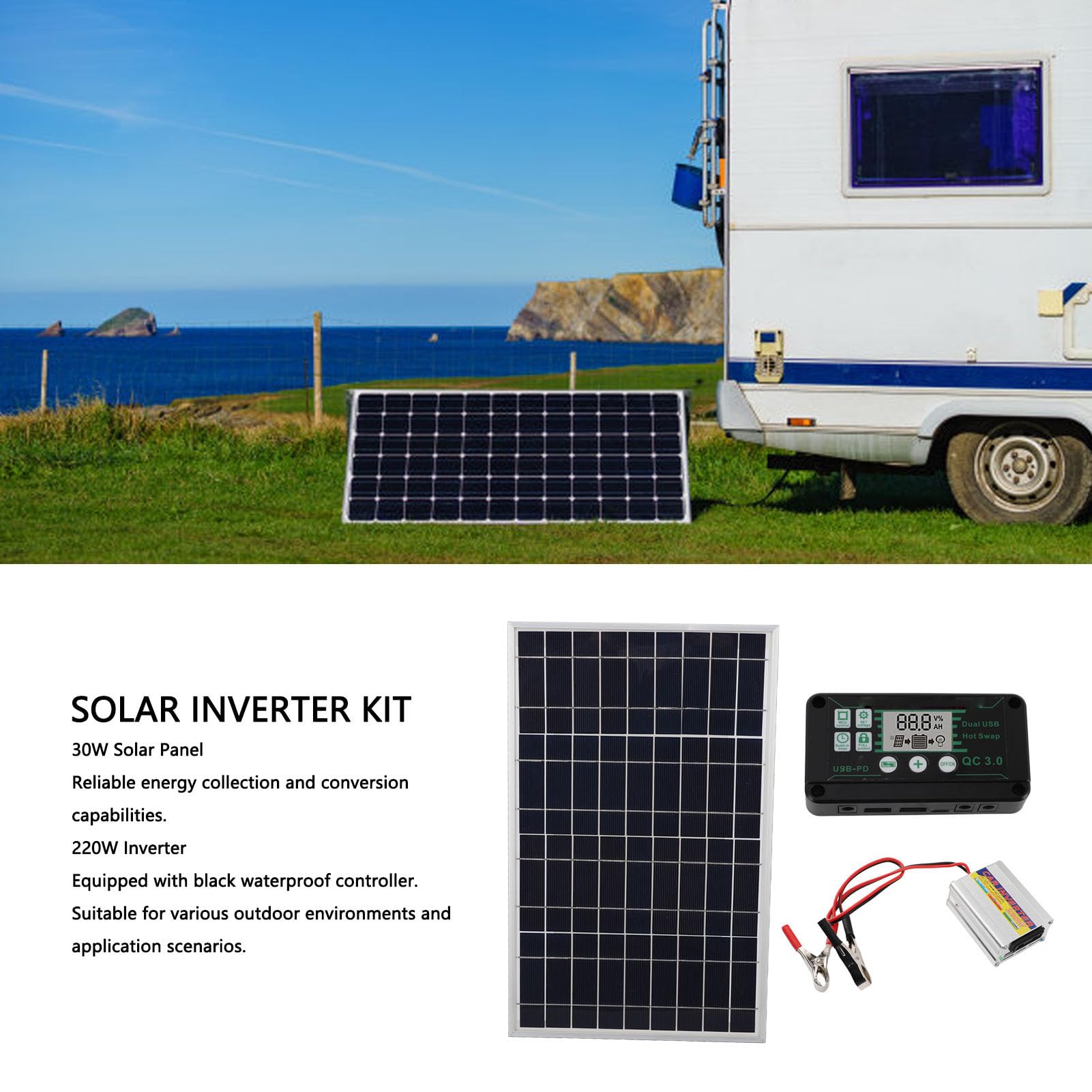 Cryfokt Zestaw Paneli Słonecznych 30W z Regulatorem MPPT, Przetwornica | Zestaw solarny Off Grid, ładowarka akumulatorów 12 V, regulowany uchwyt montażowy, przenośny zasilacz do samochodu