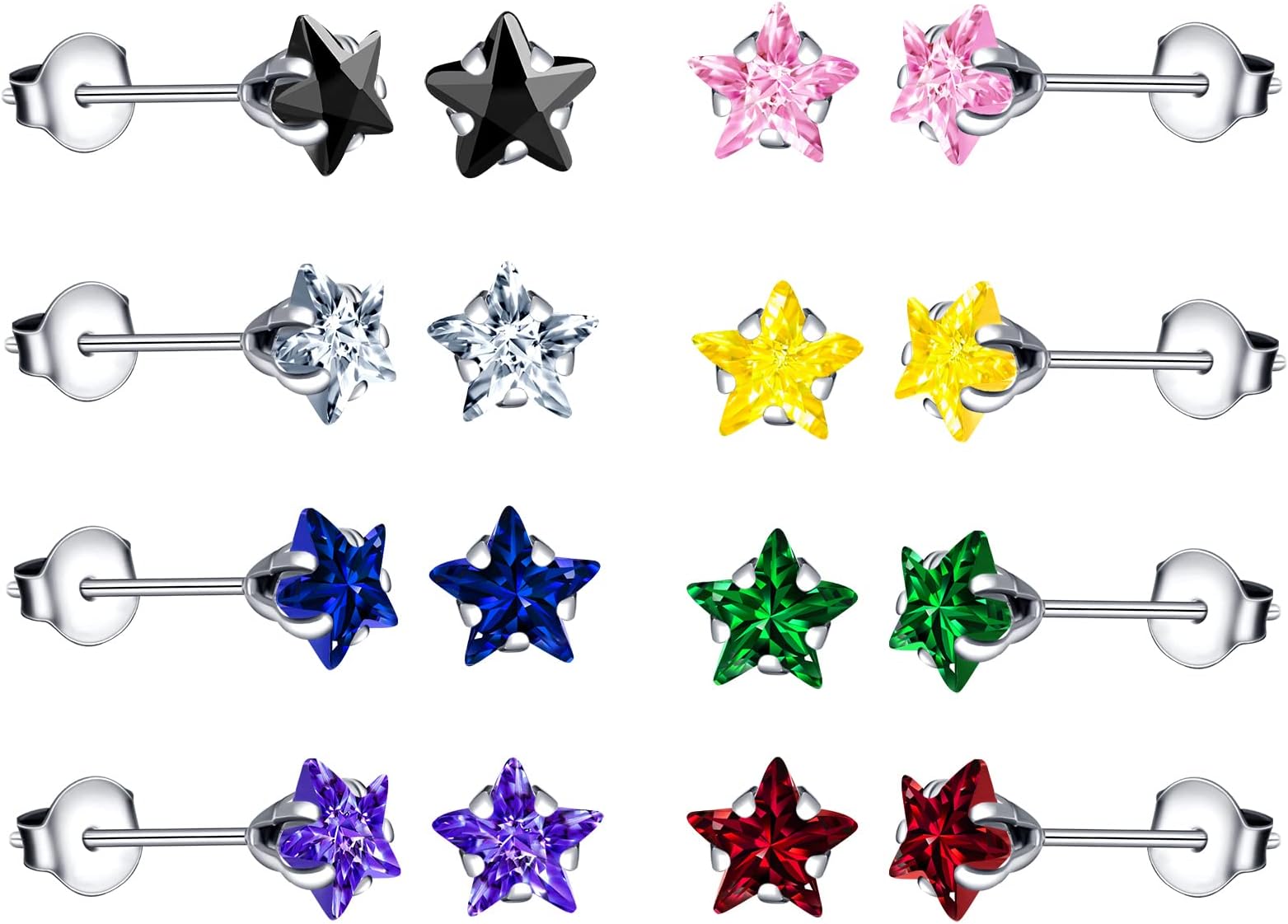 MicVivien 8 Pairs Stainless Steel Star Stud Earrings 8 Colors Zirconia Earrings 6MM Hypoallergenic Jewellery for Women Girls