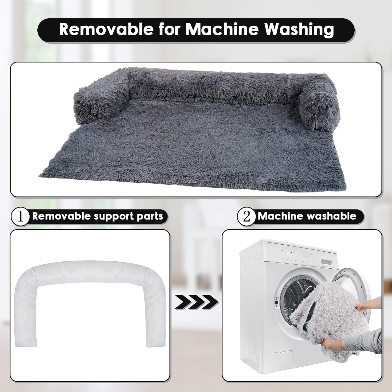 Large Washable Removable Calming Dog Bed,Fluffy Plush Dog Couch Bed,Couch Cover for Dogs with Dogs Landing Furniture Protector,Dog Beds for Large Dogs and Cats.(L(41x37x6),Dark Grey)