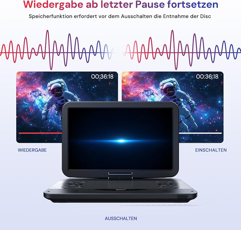 GOnavidio 15.4" Hordozható Blu-ray DVD Lejátszó 1920x1080 HD, 270° Forgatható, 5 Órás Akkumulátor