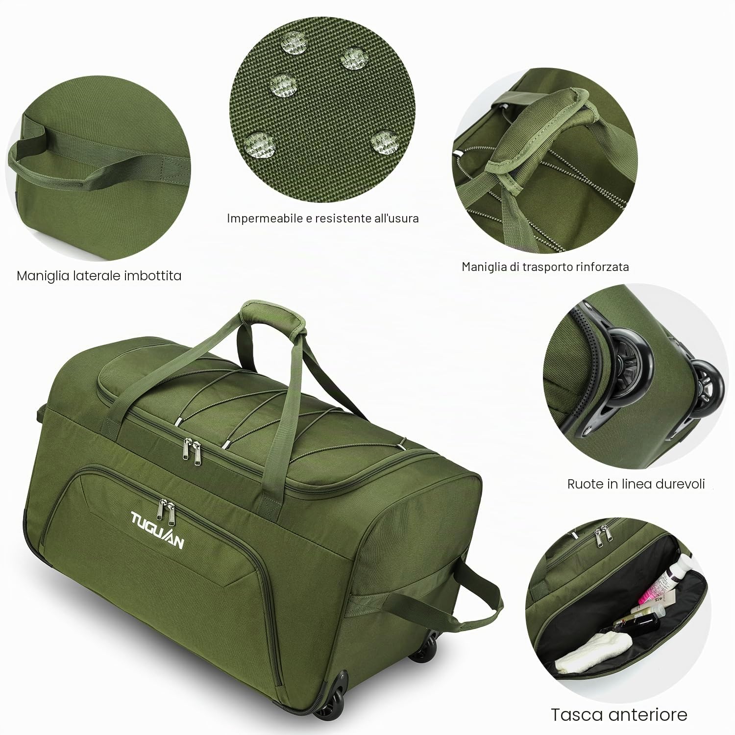 TUGUAN Borsone con Ruote da Viaggio 110 Litri Valigia Morbida Borsa da Viaggio Pieghevole con Ruote 71 cm per Sport Campeggio Bagaglio a Mano Duffel Bag, Verde