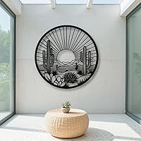 Vista 3 de Arte de pared de metal de cactus del desierto, decoración de pared redonda del desierto con diseño de cactus y puesta de sol, arte de pared de metal