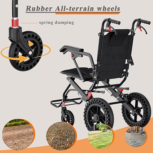 Miniatura 14 de Silla de ruedas ligera de aleación de aluminio con frenos de mano, silla de ruedas para adultos, tubo cuadrado duradero y reposabrazos abatible