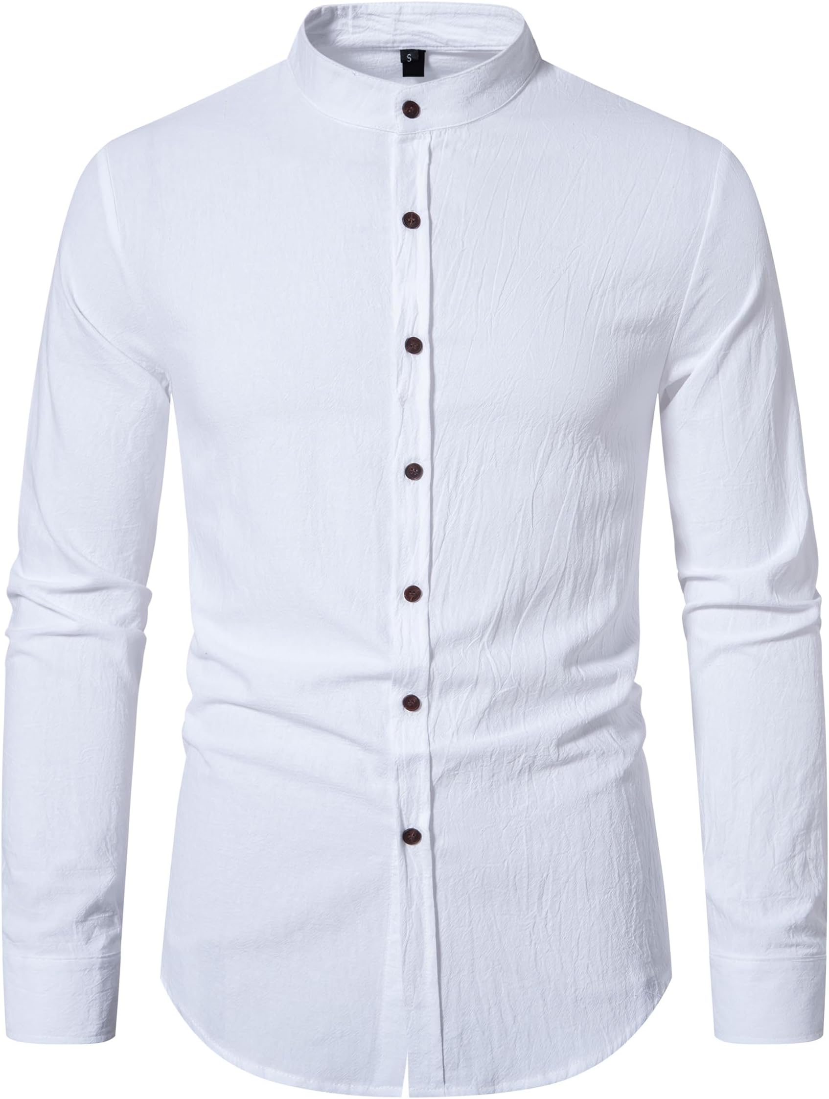 MakingDaMens Cotton Linen Grandad Collar Shirt Regular Fit Long Sleeve Casual Button Up Banded Collar Shirts