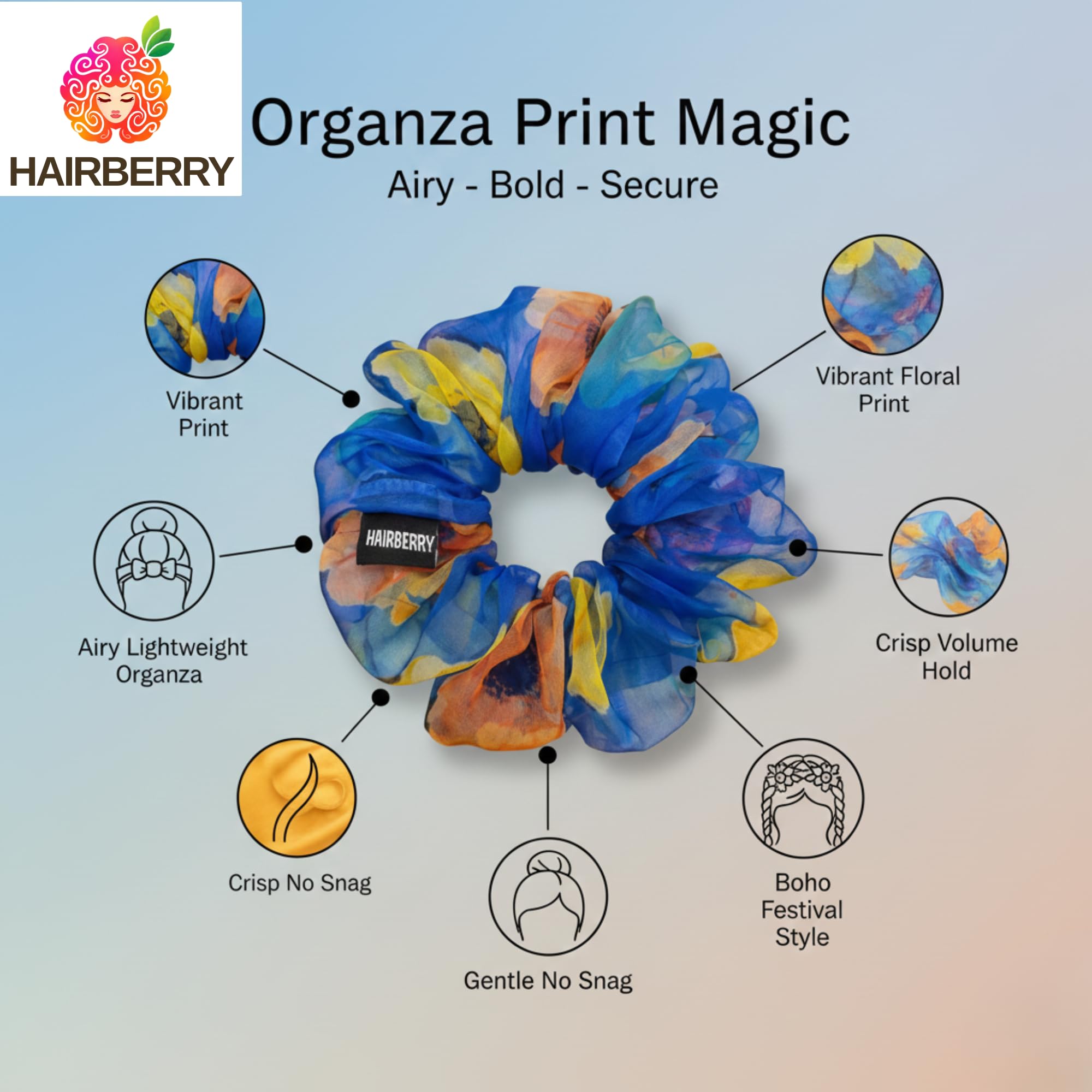 HAIRBERRY Handmade Hair Scrunchies for Women and Girls, Trendy & Comfortable Hair Accessories, Gift for Her, Hair Ties (Blue) 2