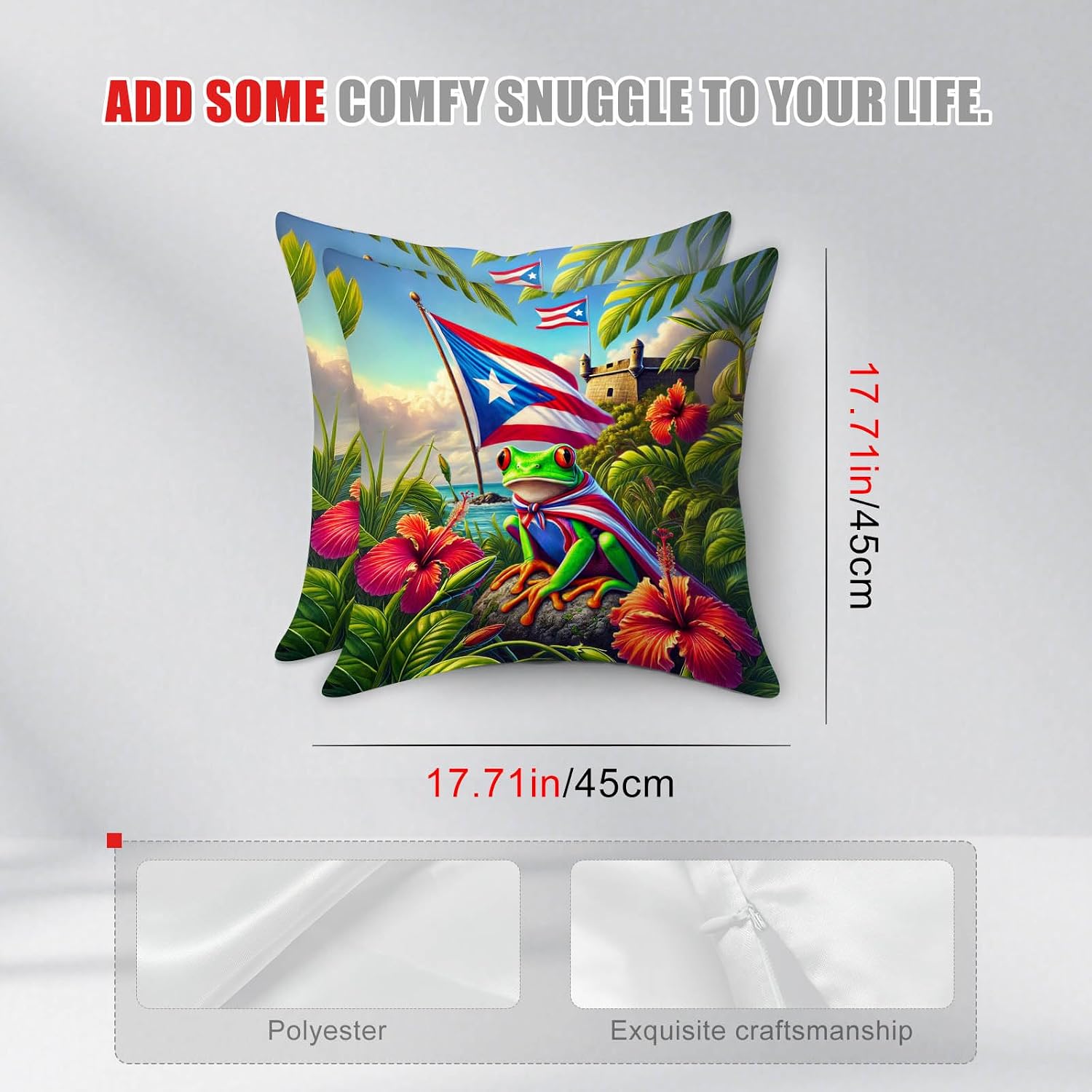 HOMETITUTE Set of 2 Puerto Rico Throw Pillow Covers 18x18 Inch | Soft Decorative Coqui Frog Hibiscus Flower Puerto Rican Flag Cushion Covers Pillow Cases for Sofa Couch Bed Home Decor - view 3