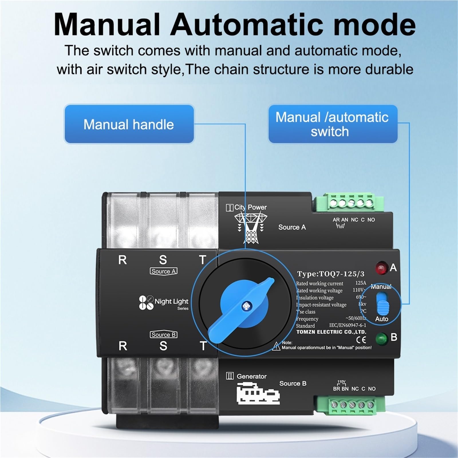 Interruttore selettore elettrico automatico di trasferimento a doppia alimentazione, trifase, ATS 3P, 63A, 100A, 110V, 120V, su guida DIN, senza interruzioni, 1 pezzo(63A)