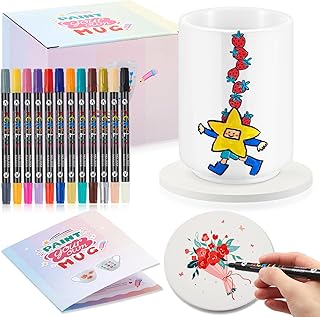 Sinmoe Set Taza para Pintar Kit Pintura Decorar Cerámica DIY con Taza Cerámica Blanco Posavasos y 12 Rotuladores Colores Regalo Bricolaje para Maestro Graduación Día Madre y del Padre(Retro)