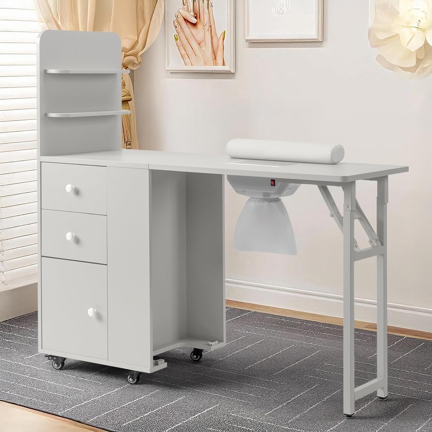 Winado Foldable Manicure Table for Nail Tech, Nail Desk Station Makeup Beauty Salon Storage Table w/2 Open Shelves, Electric Dust Collector, Lockable Wheels, Wrist Cushion, Drawers & Cabinet, White