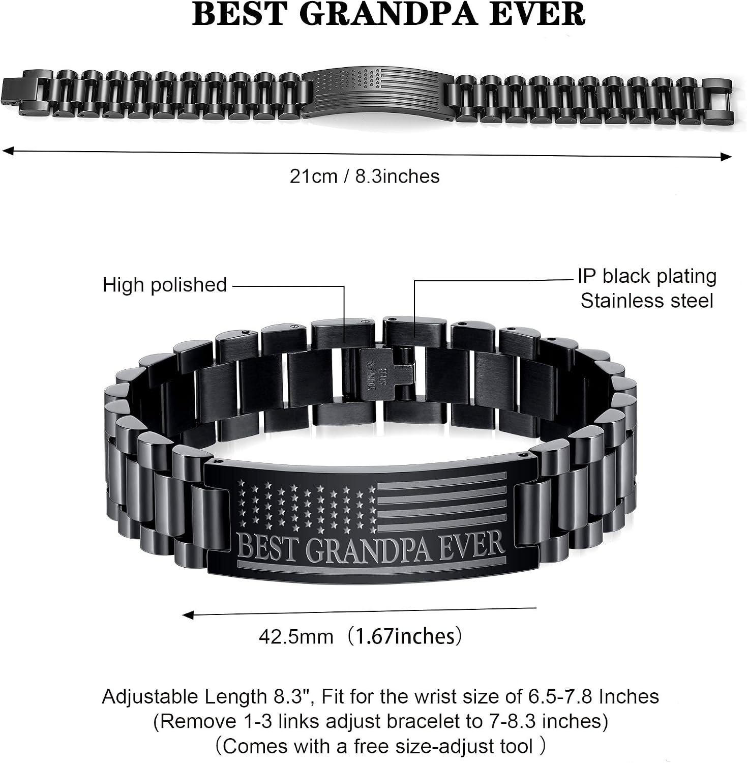 P. BLAKE Bracelet for Best Ever Dad Husband Boyfriend Son Grandpa, Stainless Steel American Flag Watch Band Link Bracelet Birthday Jewelry for Men Him