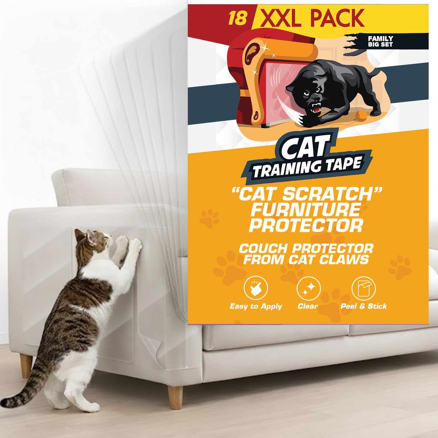 18 Pack Cat Scratch Furniture Protector Tape Sheets – Double-Sided Sticky Training (8 XL, 8 Large, 2 Medium) – Anti-Scratch Couch & Sofa Guard – Clear – Not for Leather, Velvet, Microfiber