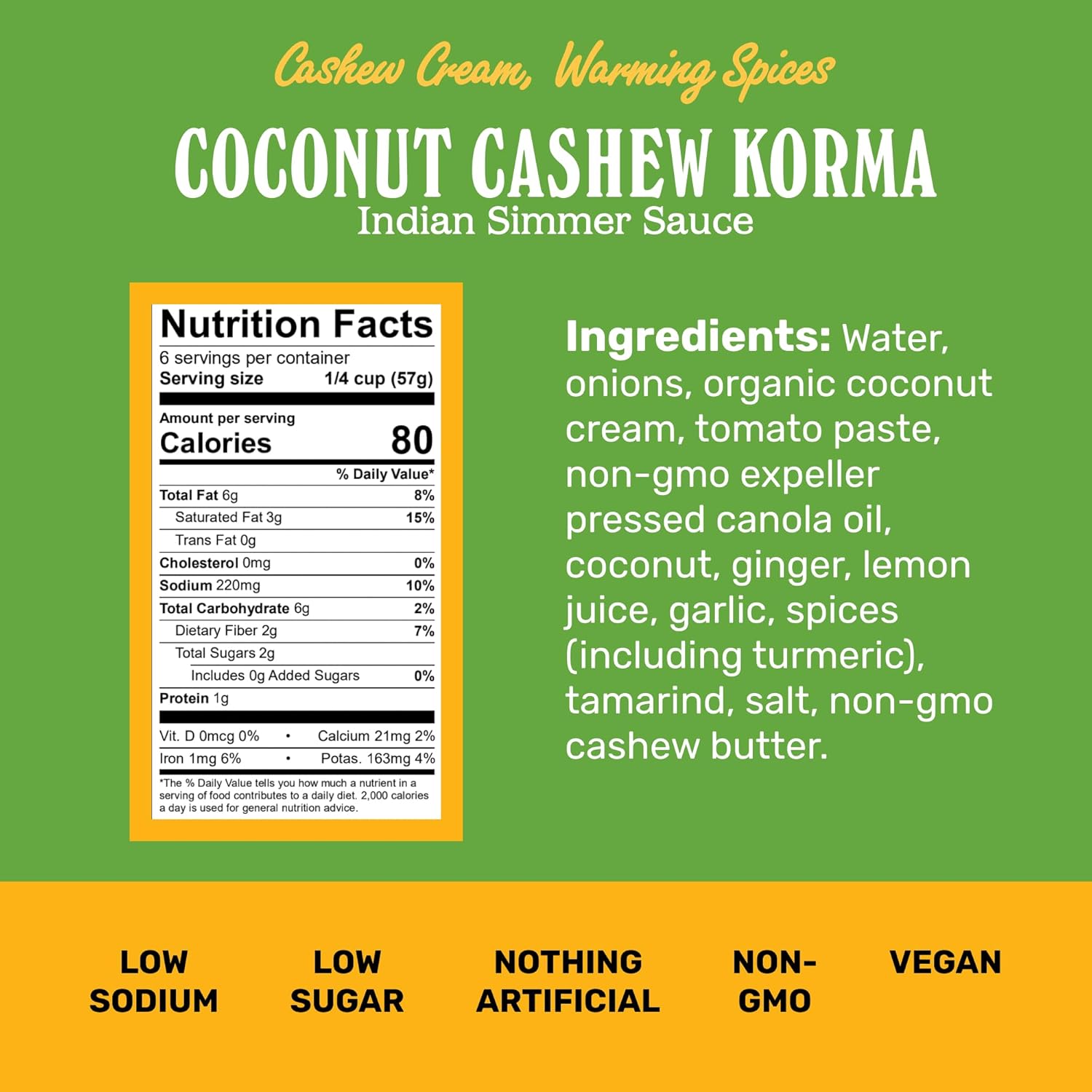 Brooklyn Delhi - Coconut Cashew Korma - Indian Simmer Sauce with Cashew Cream and Warming Spices - Mild Enough for a Kid, Flavorful for a Foodie - Vegan, Nothing Artificial - 12oz