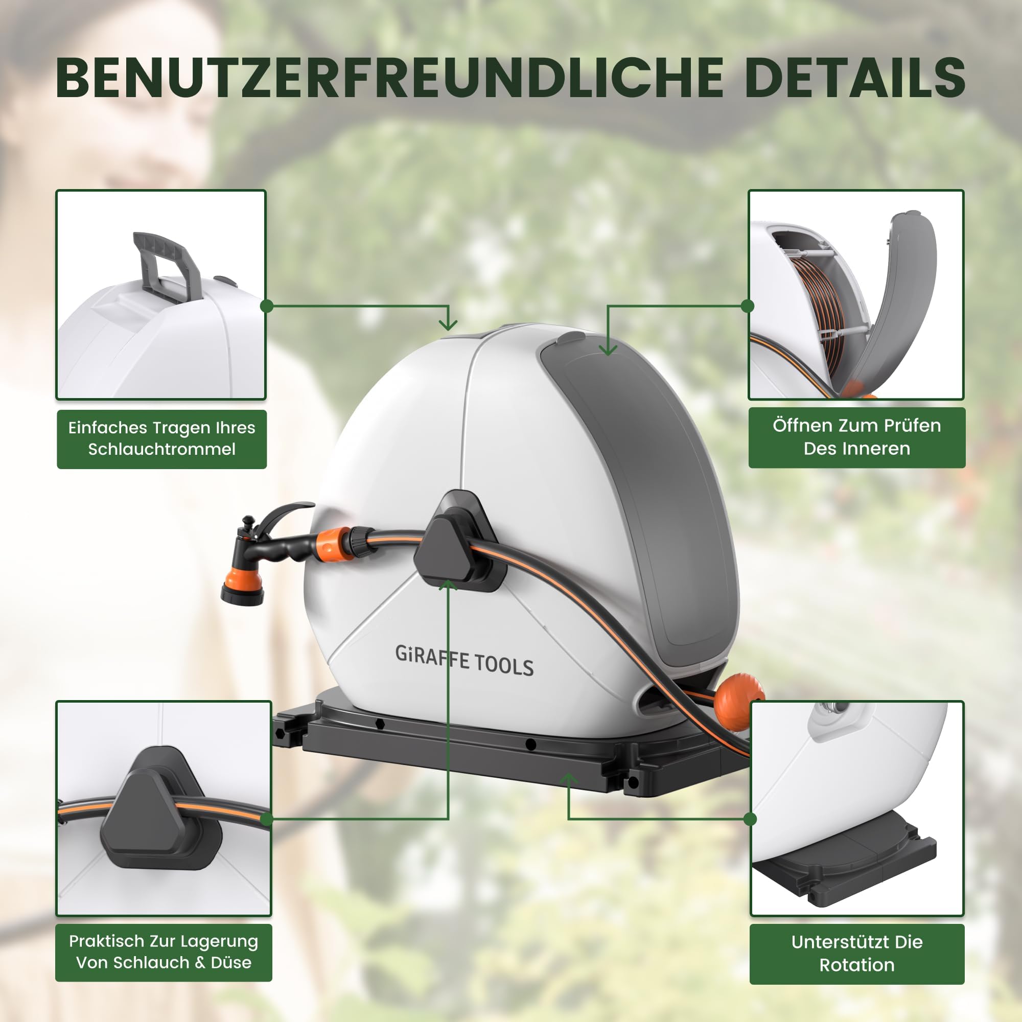 Giraffe Tools Ausziehbare Schlauchtrommel mit 30 m, Robuste Bodenmontage, Gartenschlauchtrommel mit 7-Funktions-Sprühdüse und Flexiblem Drehsockel