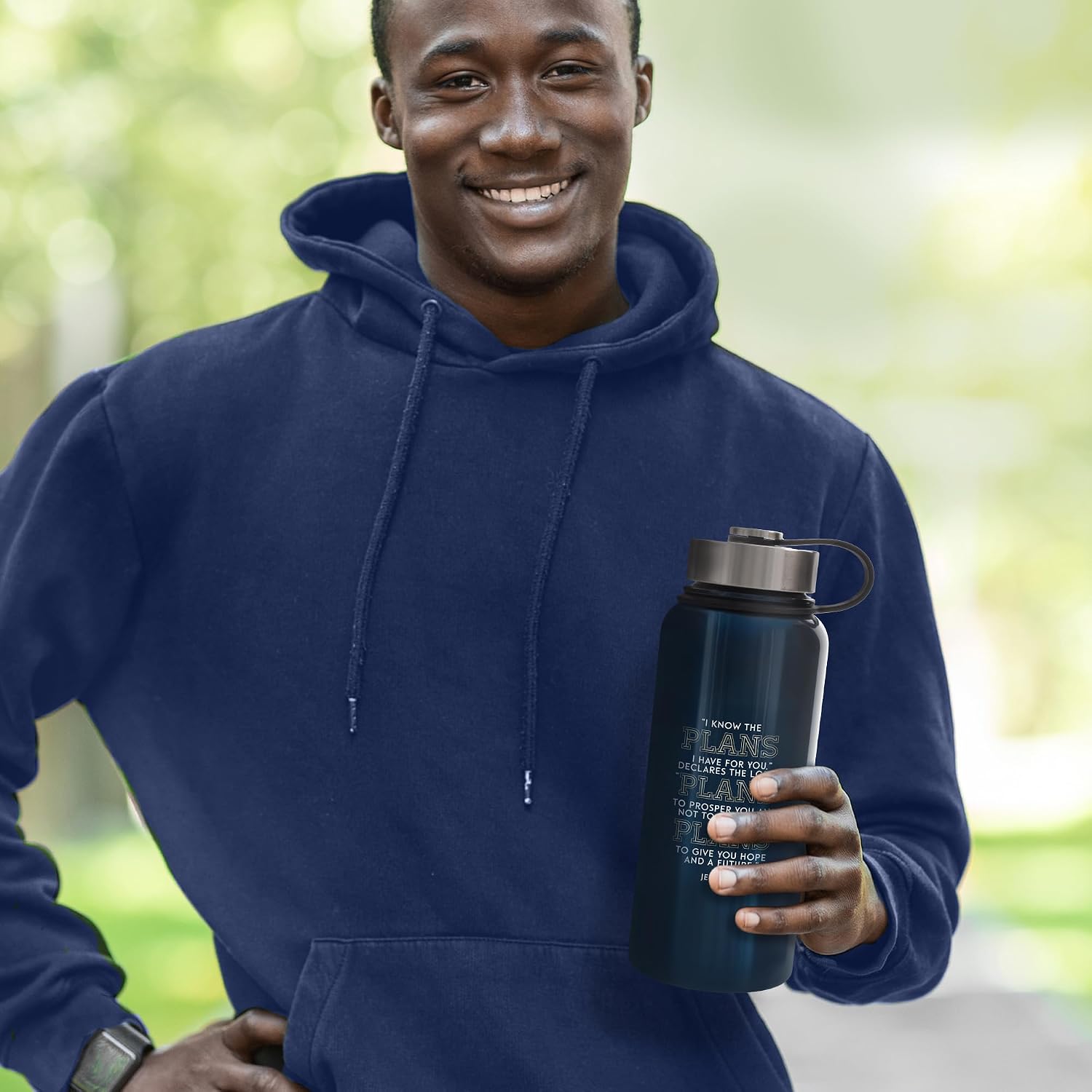 Christian Art Gifts Large Inspirational Stainless Steel Double Wall Vacuum Sealed Insulated Scripture Water Bottle for Grads: I Know the Plans Encourgaing Bible Verse, All Day Hot/Cold, Blue, 32 oz.